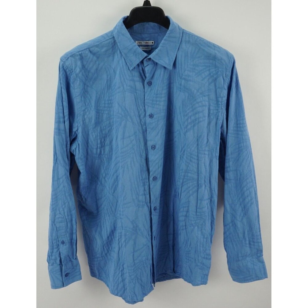 Zara Men's Large Relaxed Long Sleeve Blue Floral Jacquard Cotton Button Up Shirt